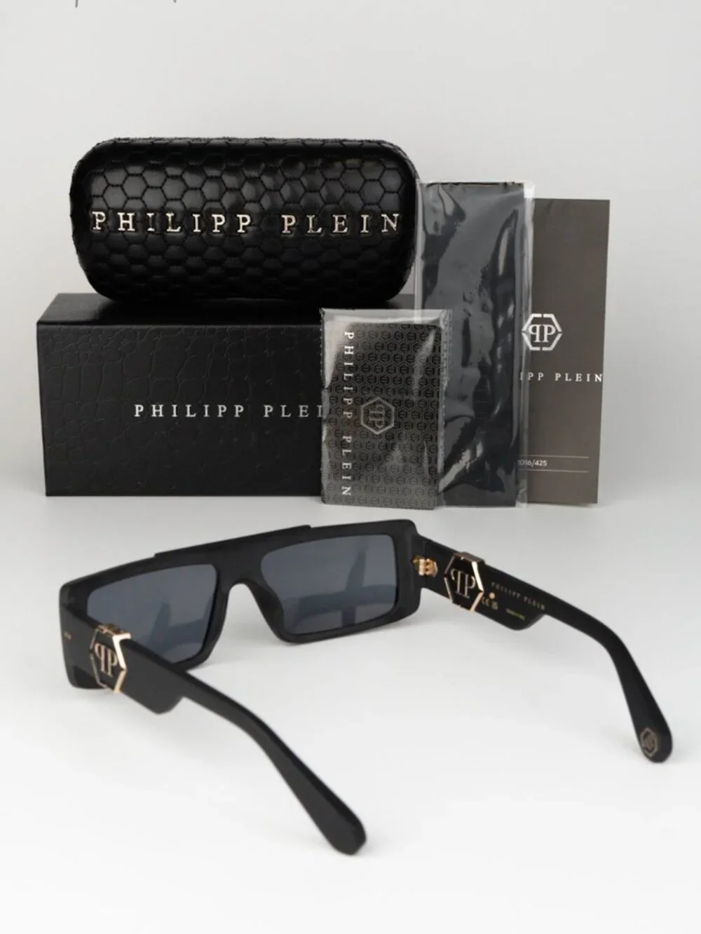 Philipp Plein Men Sunglasses Black Gold Mirror Rectangle SPP003M 703L BRAND NEW